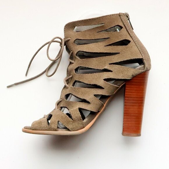 MIA Military Green Suede Leather Peep Toe Cutout Lace-up Heels Bootie Shoes 6 - Picture 10 of 16